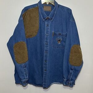 North River Denim Button Down Shirt Blue L/S Hunting Deer Elbow Patch Mens‎ XXL